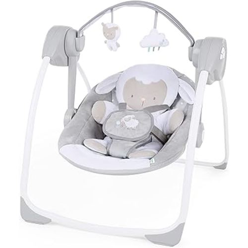 Ingenuity Comfort 2 Go Compact Portable 6-Speed Cushioned Baby Swing with Music, Folds Easy, 0-9 Months 6-20 lbs (Cuddle Lamb)