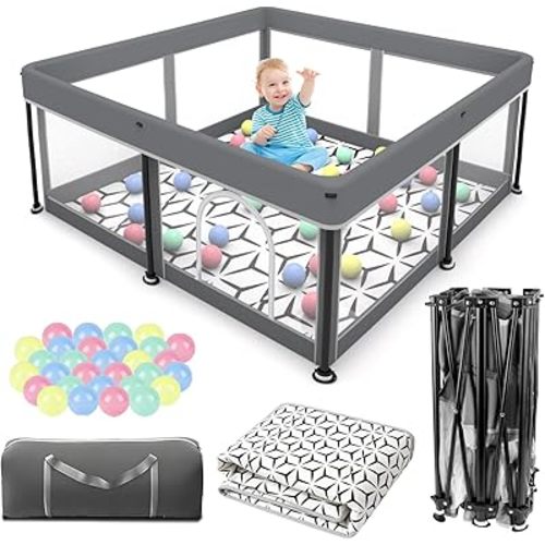 Foldable Baby Playpen with Mat - Portable,Spacious & Sturdy Playpen for Babies and Toddlers,Quick 1-Minute Setup,Travel-Friendly, Collapsible Play Pen for Indoor and Outdoor Use (Grey, 50x50 inches)