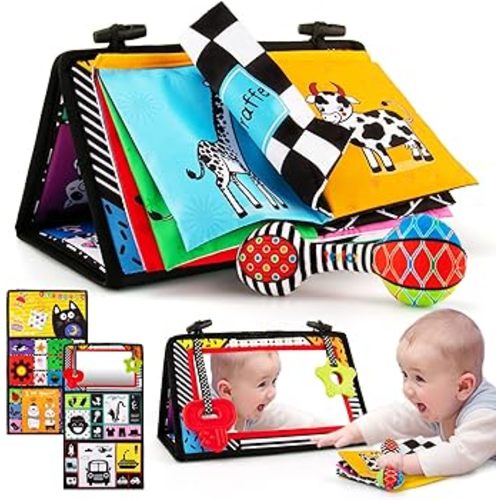 3-in-1 Tummy Time Mirror Toys with Soft Crinkle 3D Activity Book,Teethers, Rattle,High Contrast Black and White Montessori Baby Crawling Toys Developmental Newborn Infant Sensory Toys Gift 0-12 Months