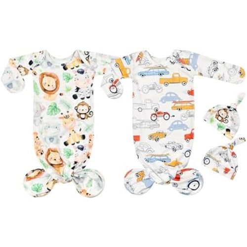 Newborn Baby Boy Long Sleeve Sleeper Gown with Mittens Knotted Gown Coming Home Outfit Nightgown Hat Set 2 Pieces