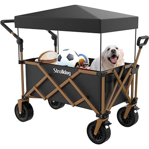 Folding Wagon with Canopy, 160L Capacity, 8" All-Terrain Wheels, 330lbs Load, Utility Cart for Camping, Beach, Shopping, Outdoor Use
