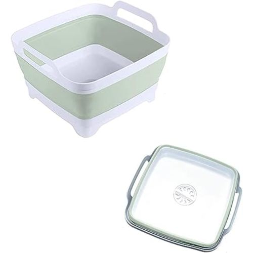 Collapsible Wash Basin 9L, Foldable Dish Tub with Drain Plug, Portable Collapsible Dish Basin, Camping Sink for Washing Dishes, Laundry & Kitchen Use (Green)
