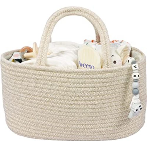 Baby Diaper Caddy Portable Cotton Rope Nursery Storage Bin Organizer Tote Bag oatmeal