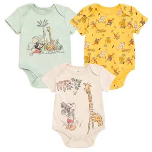 Disney Mickey Mouse Animals Newborn Baby Boys 3 Pack Bodysuits Beige / Yellow / Pale Green Newborn