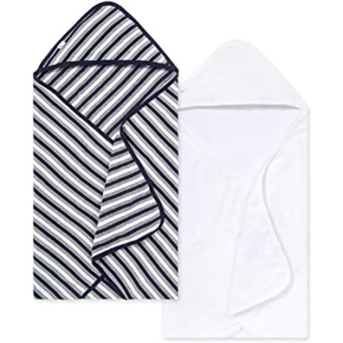 Burt's Bees Baby - Hooded Towels, Absorbent Knit Terry, Super Soft Single Ply, 100% Organic Cotton (Blueberry Stripe/White, 2-Pack)