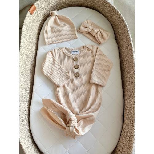 Newborn Going Home Outfit, Beige Knotted Baby Gown 3-Piece Set, Ribbed Cotton Gown with Bow and Knotted Hat, Gender Reveal