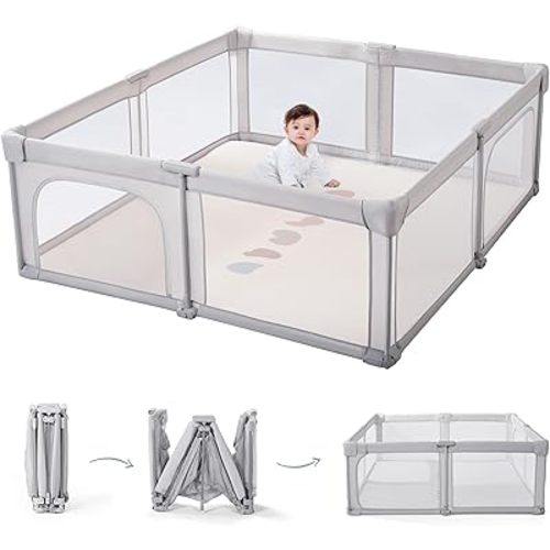 Doradotey Baby Playpen, Quick Setup Portable Baby Playard for Babies and Toddlers, Foldable Playpen Fence Indoors & Outdoor, Breathable Mesh Anti-Fall Play Pen 59x59, Grey