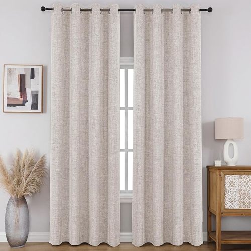 CUCRAF 100% Blackout Window Curtains 96 inches Long 2 Panels Set, Faux Linen Look Thermal Insulated Grommet Drapes, Room Darkening Curtain for Bedroom Living Room(W52 x L96 Inch, Off White)