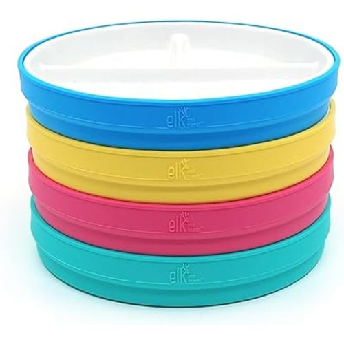 Elk and Friends Kids 6.7” Porcelain Divided Plates with Silicone Sleeves | Suitable for Babies/Kids/Toddlers | Microwave & Dishwasher Safe | Non Slip | Snack Dishes