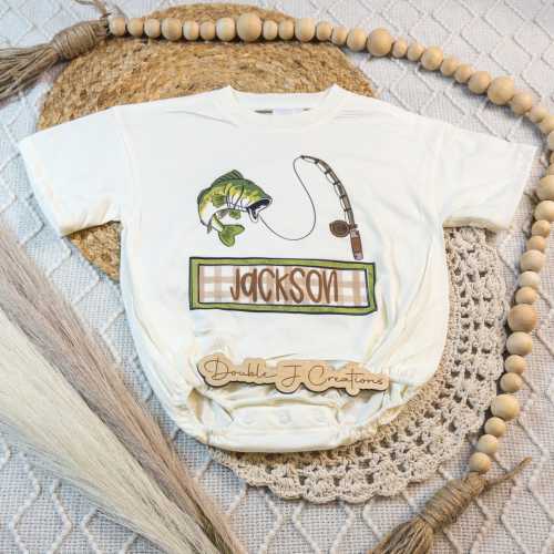Fishing Nameplate Boy Bubble Romper Bodysuit, Oversized Personalized Baggy Romper, Farm Kids Name Shirt, Fishing Boys Tee, CPSC Compliant