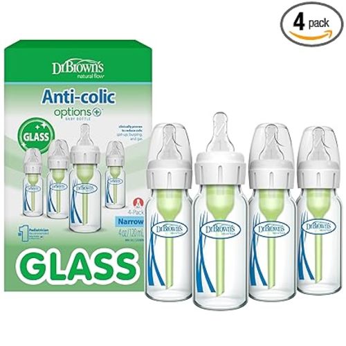 Dr. Brown's Anti-Colic Options+ Narrow Glass Baby Bottle with Level 1 Slow Flow Nipple, BPA-Free, 4 oz/120mL, 4-Pack