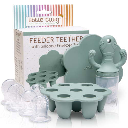 Little Twig Silicone Baby Fruit Feeder Teether Set with Pouches Freezer Tray & Measuring Cup, Sage