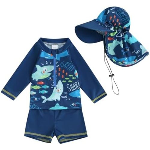 Baby Toddler Boys 3-Pieces Swimsuit Sets Long Sleeve Shark Bathing Suit Rash Guards Swimwear with Sun Hat UPF 50+