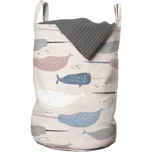 Lunarable Under the Sea Laundry Bag, Hand Drawn Narwhals Whales with Horns Pattern Exotic Mystical Marine Elements, Hamper Basket with Handles Drawstring Closure for Laundromats, 13" x 19", Multicolor