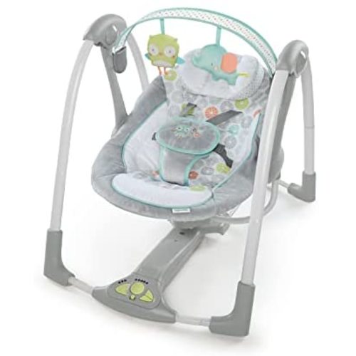Ingenuity 5-Speed Portable Baby Swing with Music, Nature Sounds & Battery-Saving Technology - Hugs & Hoots, Swing 'n Go, 0-9 Months