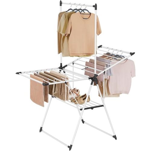 SONGMICS Clothes Drying Rack, Foldable 2-Level Laundry Drying Rack, Free-Standing Airer, 1 Additional Tall Hanging Bar, 2 Height-Adjustable Wings, 24 Drying Rails, Space Savng, Simply White ULLR521W01