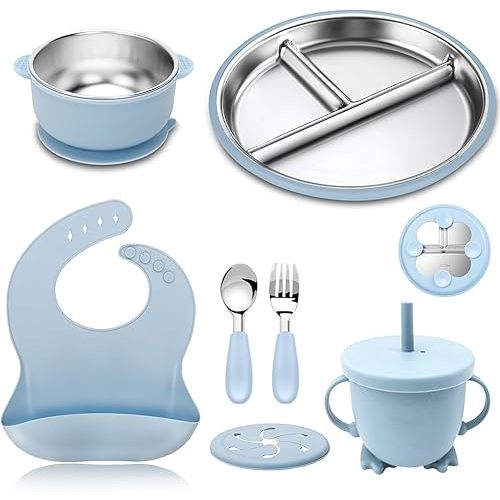 Stainless Steel Baby Feeding Set 6 Pcs, Baby Led Weaning Supplies, Stainless Steel Suction Bowl Divided Plate 2-in-1 Cup Bib Spoon Fork - Solid Food Utensils for Babies 6+ Months. (Gray Blue)