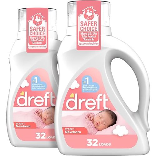 Dreft Newborn Baby Liquid Laundry Detergent, Gentle on Sensitive Skin, HE Compatible, 2 Pack, 32 Loads Each, Baby Laundry Detergent, Newborn Essentials
