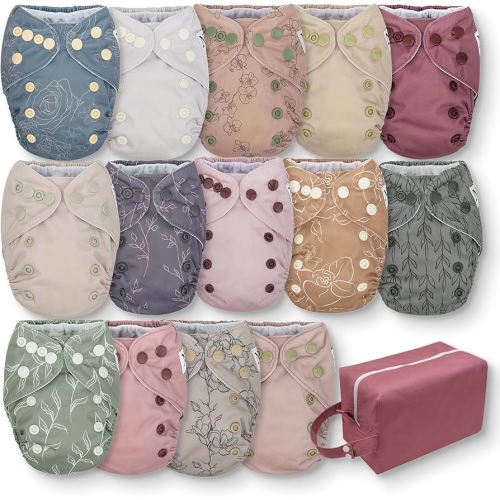 Nora's Nursery Newborn All-in-One Cloth Diaper 14-Pack with Diaper Pod for Clean Storage - Waterproof, Washable, Reusable, and Adjustable for Babies Under 12lbs - Blushing Blooms