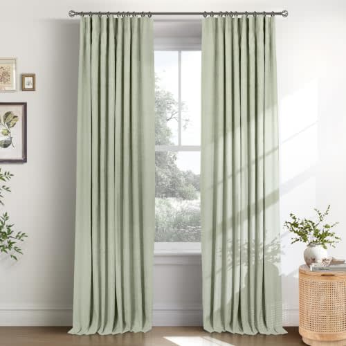 INOVADAY 100% Blackout Curtains for Bedroom, Sage Black Out Curtains 84 Inch Long, Clip Rings Linen Blackout Drapes, Thermal Insulated Room Darkening for Living Room, 2 Panels - W50xL84