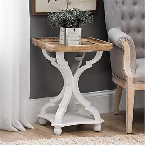 Rustic Farmhouse Cottagecore Accent End Table, Natural Tray Top Side Table Nightstand for Family, Dinning or Living Room, Handcrafted Finish, Modern, White