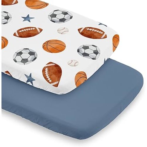 Sweet Jojo Designs Sports Theme Boy Baby Bassinet Sheets Fitted Sheet Set Infant Newborn Nursery Oval Rectangle Hourglass Mattress 2p Blue and Watercolor Vintage Sport Themed Soccer Football Baseball