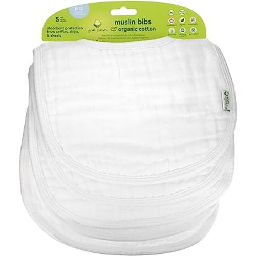 Green Sprouts Muslin Bibs Made from Organic Cotton| 4 Absorbent Layers Protect from sniffles, Drips, & drools | 100% Organic Cotton Muslin, Adjustable snap Closure, Machine Washable,5 Count