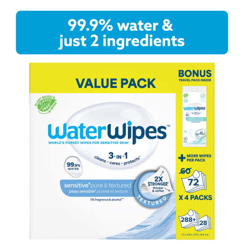 WaterWipes Sensitive Pure & Textured Wipes, 99.9% Water, Unscented & Hypoallergenic, 288 Count + Bonus Pack