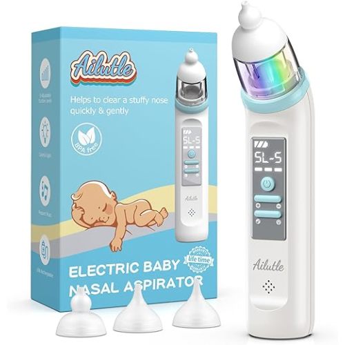 Nasal Aspirator for Baby, Electric Nose Booger Sucker Automatic Nose Cleaner USB Rechargeable W/ 3 Silicone Tips, 5 Suctions Power, Music & Colorful Light Soothing Function for Infants Newborn Kids