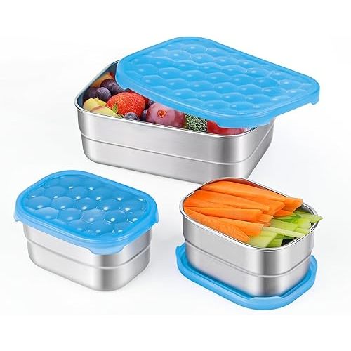 Stainless Steel Lunch Containers for Kids | Leak Proof BPA Free Snack Containers with 100% Pure Silicone Lids - Perfect Metal Food Containers with Lids for School and Daycare (25oz+8oz*2)