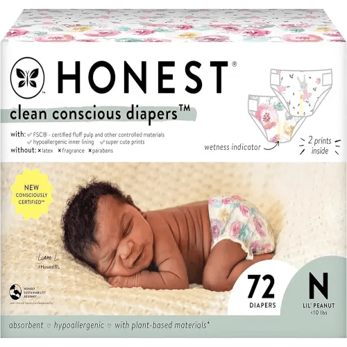 The Honest Company Clean Conscious Diapers for Sensitive Skin | Hypoallergenic, Fragrance Free | Girl Prints | Club Box, Size Newborn, 72 Count