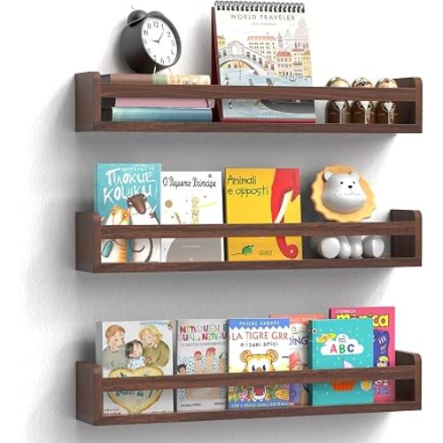 Floating Wall Nursery Book Shelves for Bedrooms Kids 24 Inch Walnut Color Wooden Baby Book Shelf for Kids Rooms Set of 3 Nursery Shelves for Wall Mounted Toddler Bookshelf for Kids Wall