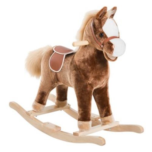 Qaba Kids Rocking Horse, Plush Toddler Rocker, Wooden Base Ride-on Toy With Handle Grip, Traditional Toy For Kids 36m+, Brown