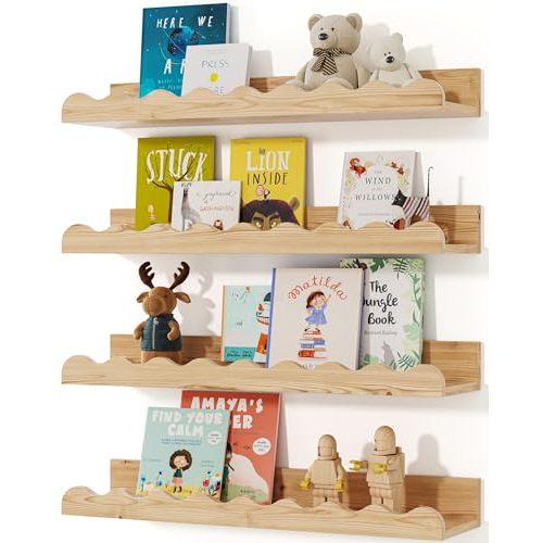 Kids' Bookshelf Set of 4 - Wood Floating Nursery Book Shelves, Picture Ledge Shelf for Wall Decor and Storage - Perfect for Books, Toys, Photo Frames, and Nursery Décor