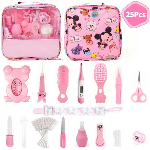 Qissep Baby Healthcare and Grooming Kit, 25 in 1 Baby Grooming Kit with Hair Brush Comb, Nail Clipper, Nasal Aspirator, Baby Essentials as a Newborn,Best Gifts for Infant Girls Boys,Pink