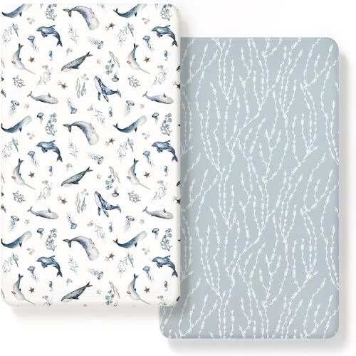 GRSSDER Stretch Ultra Soft Jersey Knit Fitted Crib Sheets Set 2 Pack, Universal Fit All Standard Crib Mattress Pads Safe and Snug, Crib Fitted Sheet with Deep Pocket, Original Design for Baby Boy