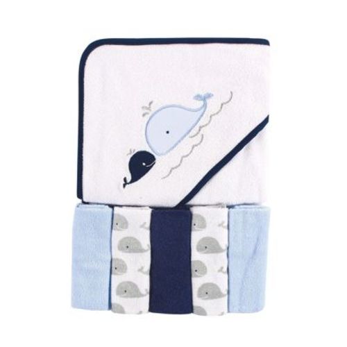 Luvable Friends Baby Boy Hooded Towel With Five Washcloths, Whale, One Size