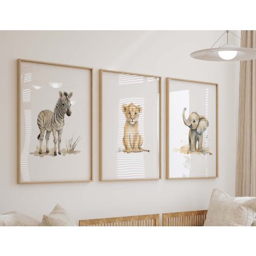 Safari Jungle Animal Watercolor Prints, Set of 3 Nursery Wall Art, Boy Room Decor, Zoo Animal Art Prints Shipped, Lion, Zebra, Elephant, 224