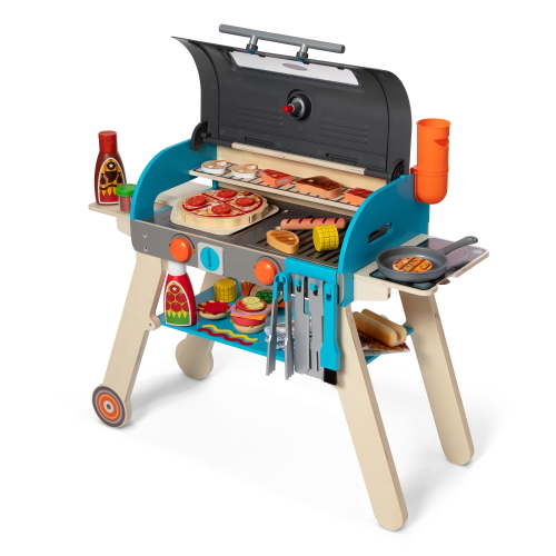 Melissa & Doug FSC Certified Deluxe Wooden BBQ Grill, Smoker, and Pizza Oven Play Set for Kids