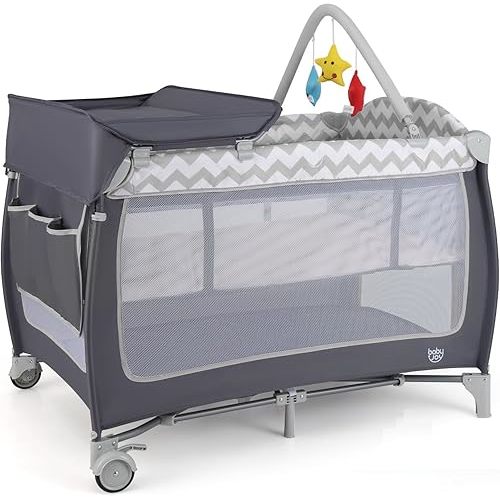 BABY JOY 4 in 1 Pack and Play, Portable Baby Playard with Bassinet, Side Zipper Door, Changing Table, Indoor Outdoor Travel Nursery Center w/Hanging Bar, Lockable Wheels, Carry Bag