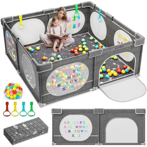 Foldable Baby Playpen with Play Mat, 71x59 Extra Large Foldable Playard with Learning Pattern Design, Indoor & Outdoor Baby Fence, Safety Play Yard for Babies, Toddlers, Kids and Children’s