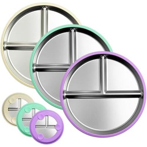 Stainless Steel Kids Plates, Plates with Suction, Stainless Steel Plate Suction, Divided Control Plate with Removable Silicone Shell, Feeding Food Tray (Beige&Green&Purple)