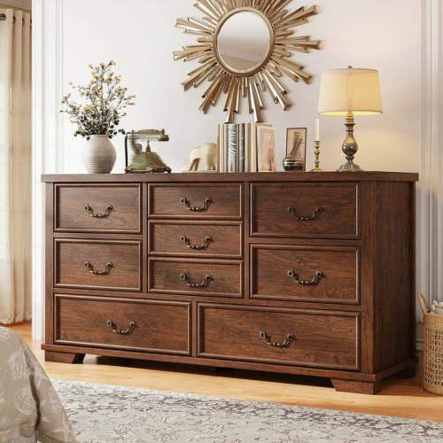 EnHomee 9 Drawers Wood Dressers for Bedroom Wood Rustic Chest of Drawers,Brown