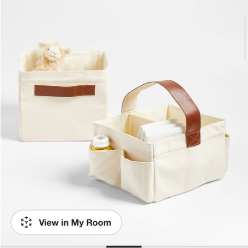Canvas Diaper Caddy Organizer with Brown Leather Handle