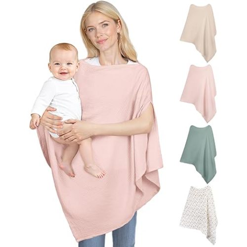 Muslin Nursing Cover Up for Breastfeeding, Soft & Breathable Cotton Breast Feeding Cover for Women, Full Privacy Breastfeeding Cover - Newborn Baby Essential, Pink