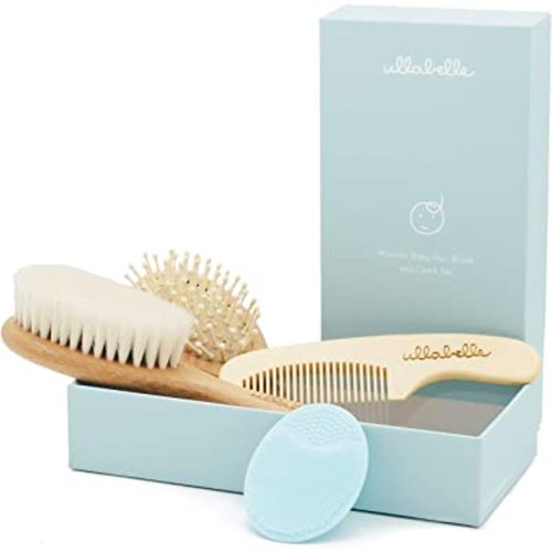 4 Piece Wooden Baby Hair Brush and Comb Set for Newborns & Toddlers in Chic Gift Box - Ultra Soft Natural Goat Hair and Wood Baby Brush Set Prevents Cradle Cap - Perfect Registry Gift (Blue)
