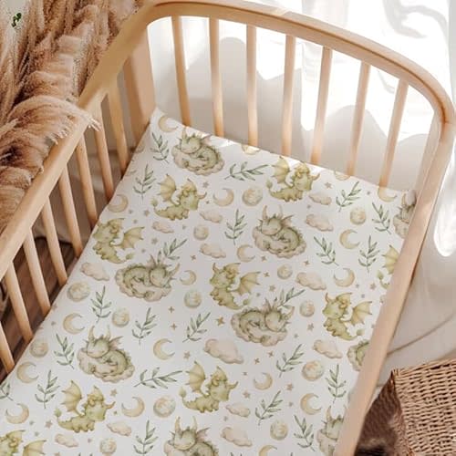 Dragons Crib Sheets, Dragons Clouds Moon Stars Fitted Crib Sheet for Standard Crib and Stroller Mattress, Unisex Dragons Leaves Eggs Print Mattress Sheet for Baby Boys Girls-28 * 52