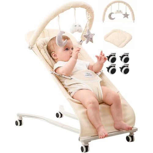 Cuddobaby Baby Bouncer 100% Cotton, Head & Neck Support Cushion, Lockable Wheels, Soft Plushies, 3-Level Adjustable Bouncy Chair up to 20Lbs 0-6, 3-6, 6-12 Months, Newborn Gift Idea - Oat