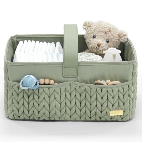 LUKJOJO Luxurious Baby Diaper Caddy, Nursery Storage Basket for Newborn Boy and Girl, Travel Baby Basket for Diapers Baby Wipes, Organizer Tote Bag Storage Bin, Baby Shower Gifts (mint green)