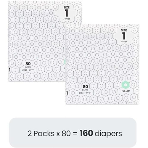 Parasol Clear+Dry Disposable Diapers, RashShield Protection, Leakproof Design, Hypoallergenic, Size 1, 160 Count
